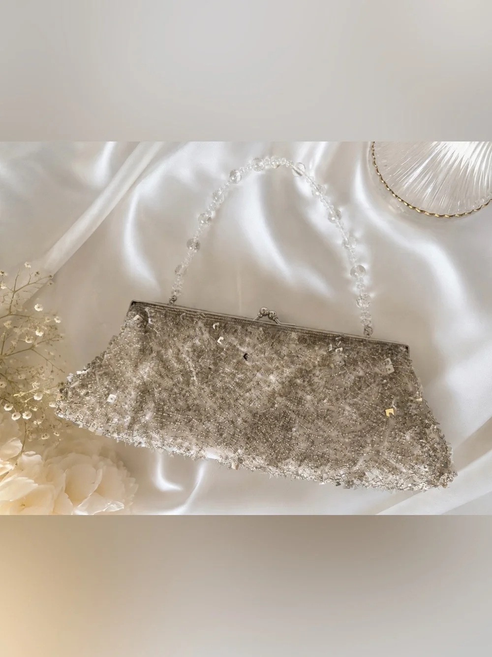 Vintage Beaded Crystal Evening Clutch in Clear/Silver